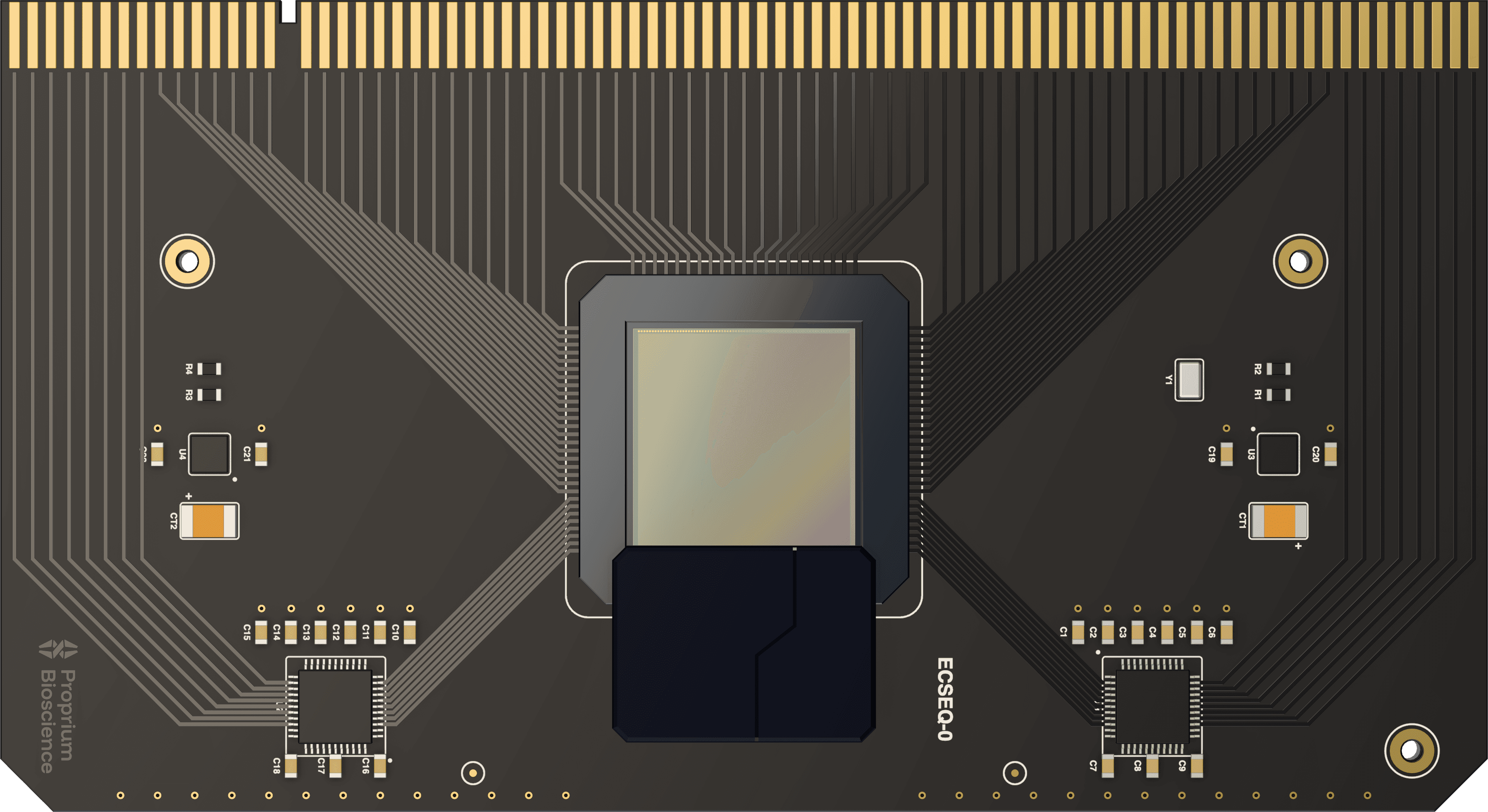 Mockup ECSEQ-0 sensor package, front. The passive electrode array sits under the die at center, fanned out over row and column traces to the edge connector along the top.